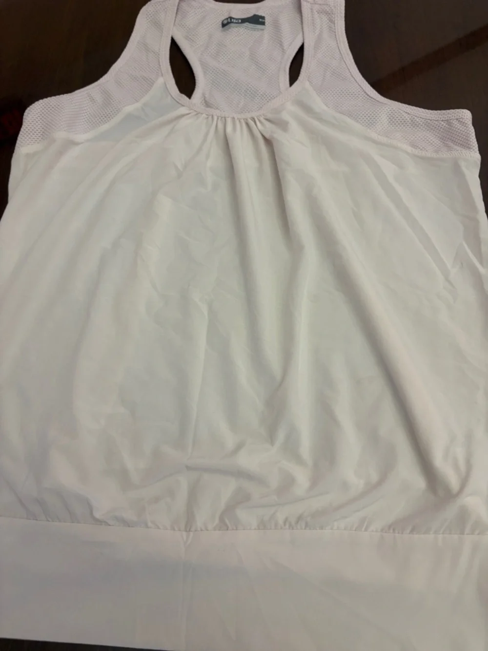 Lija White Racerback Tank with Light pink Mesh Yoke Size Medium